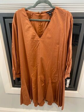 NWT Women’s Maggy London Pleated  V-Neck Long Sleeve A-Line Cotton Dress -